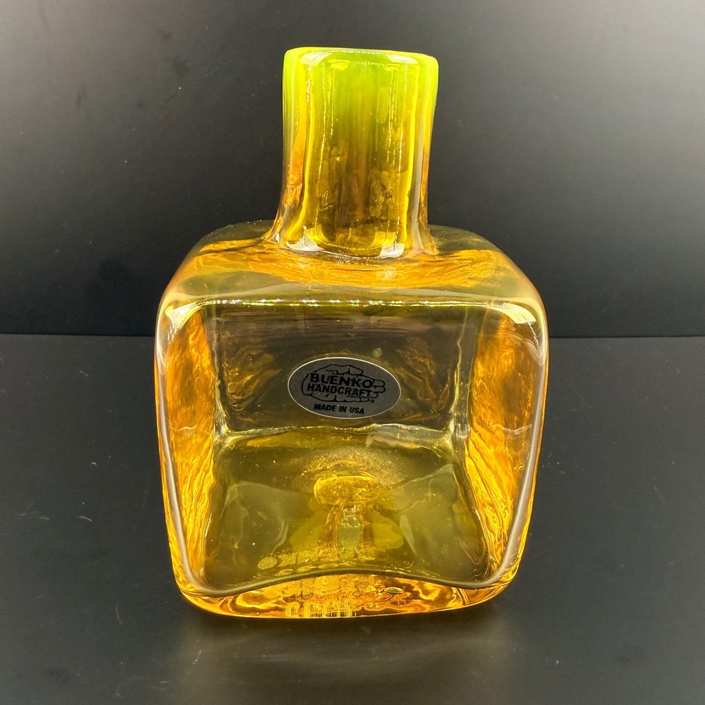 Blenko 4418 Block Bud Vase Citrine Yellow UV Reactive Signed 2022 Label